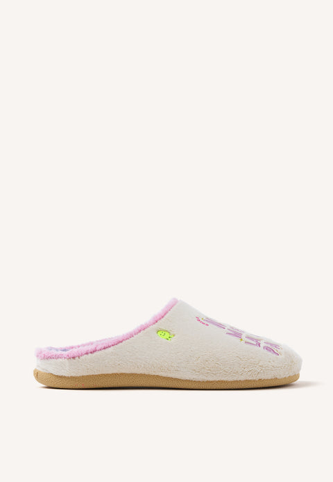 SCANLON HAIRY SLIPPERS WITH DRAWING AND PHRASE