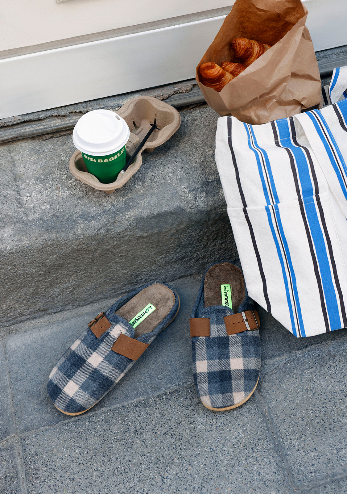 GREY CHECKERED CLOG-STYLE HOUSE SLIPPERS