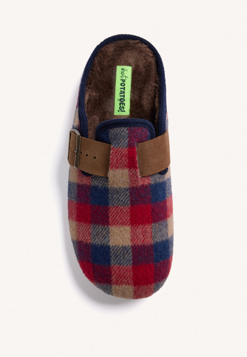 BROWN HOUSE SLIPPERS CLOG STYLE WITH PLAID