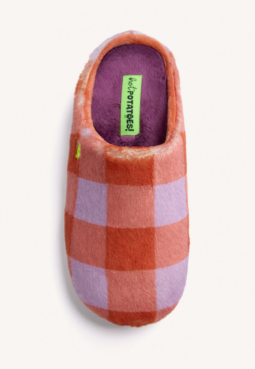 ZAPATILLAS DE CASA CUADROS NARANJAS Y LILAS PELO