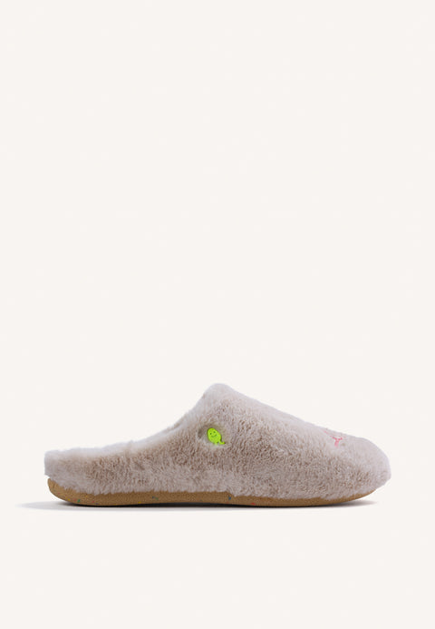GREY FUR HOUSE SLIPPERS WITH DESIGN AND TEXT