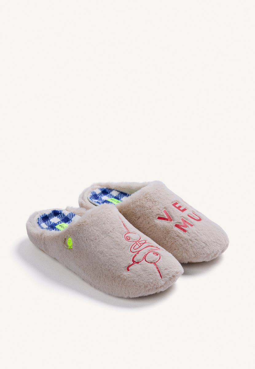 GREY FUR HOUSE SLIPPERS WITH DESIGN AND TEXT