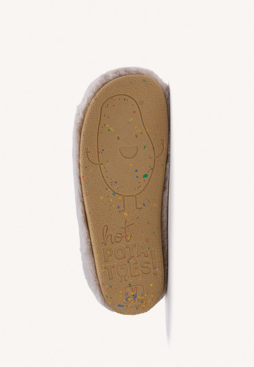 GREY FUR HOUSE SLIPPERS WITH DESIGN AND TEXT