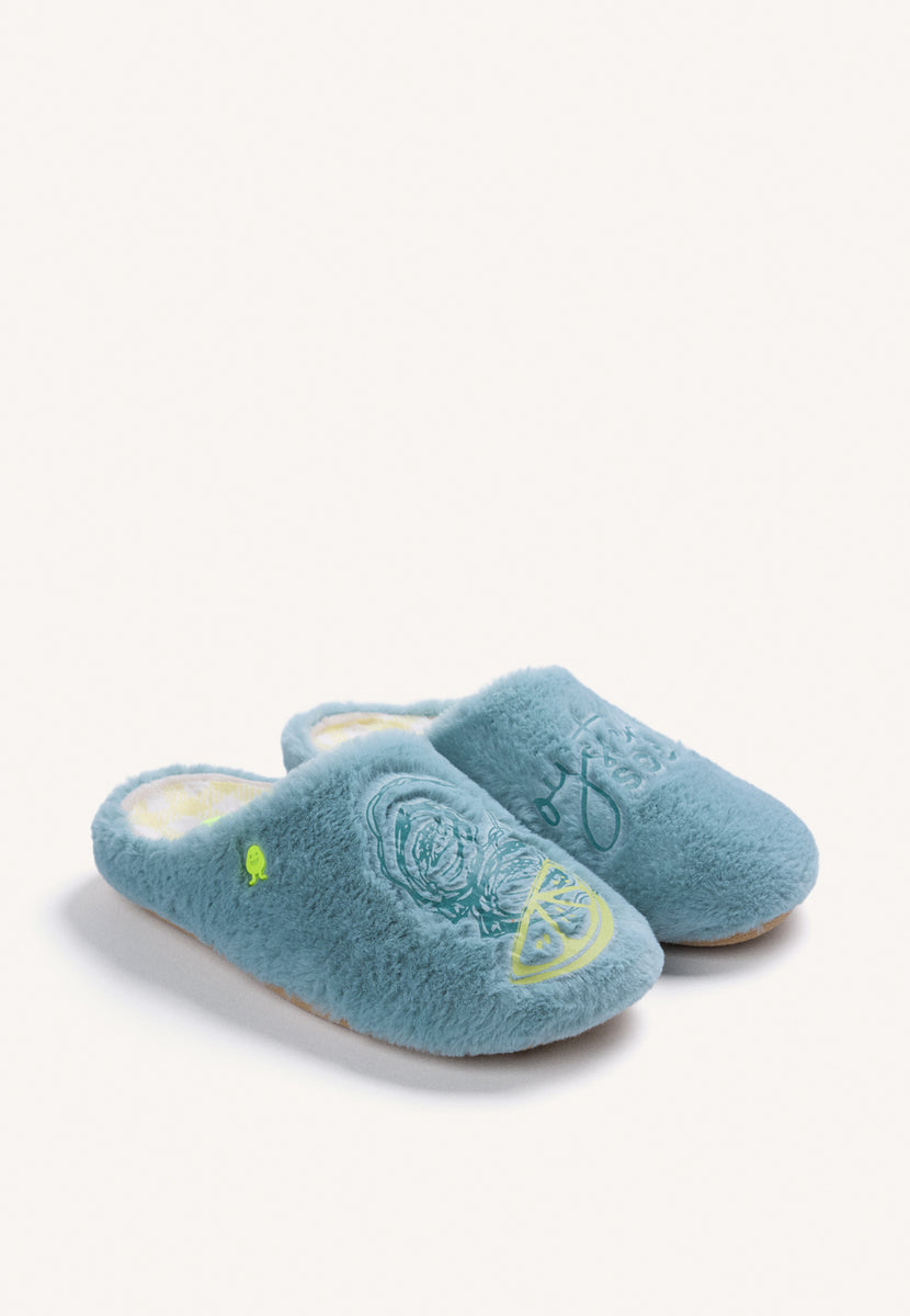 ZAPATILLAS DE CASA VERDES PELO DIBUJO Y TEXTO