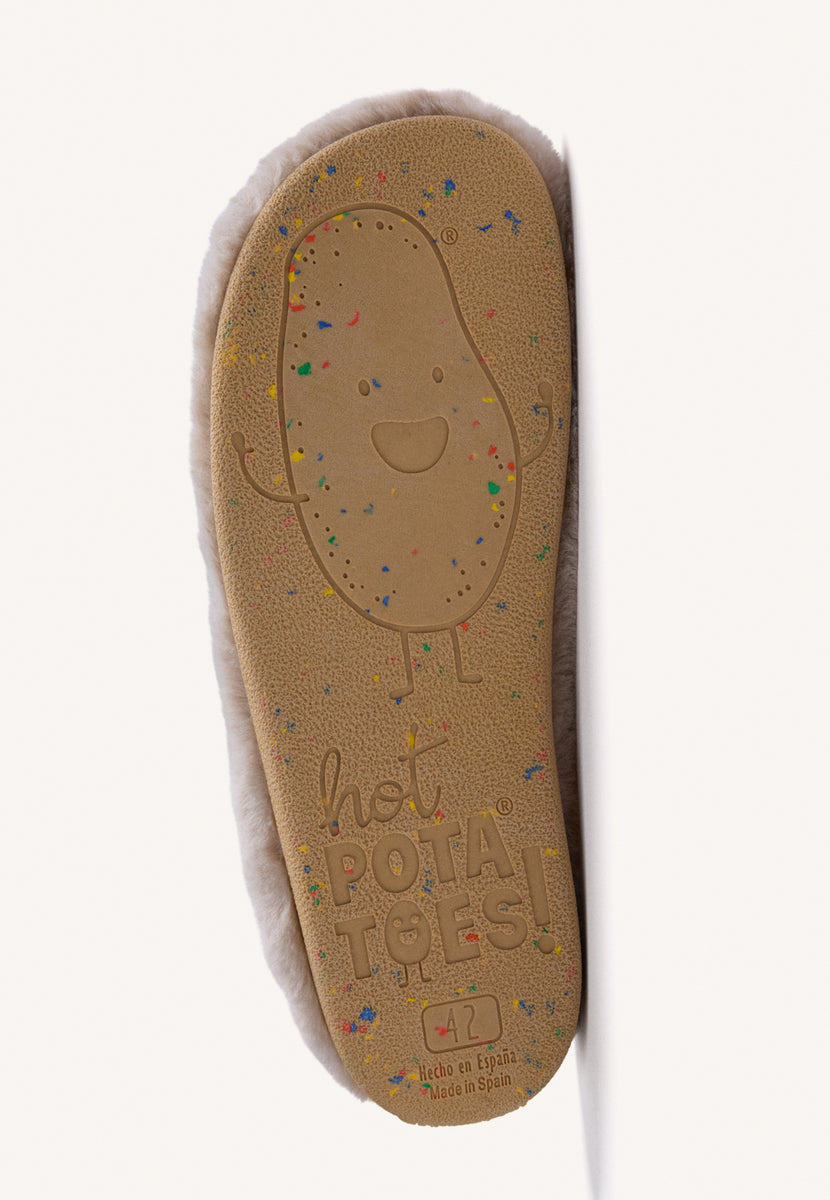 BEIGE FURRY HOUSE SLIPPERS WITH DESIGN AND TEXT