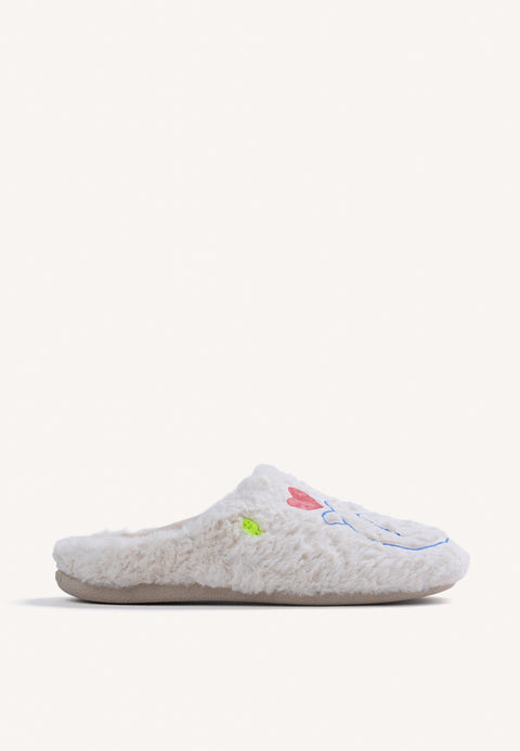 BEIGE FUR HOUSE SLIPPERS WITH DESIGN AND TEXT