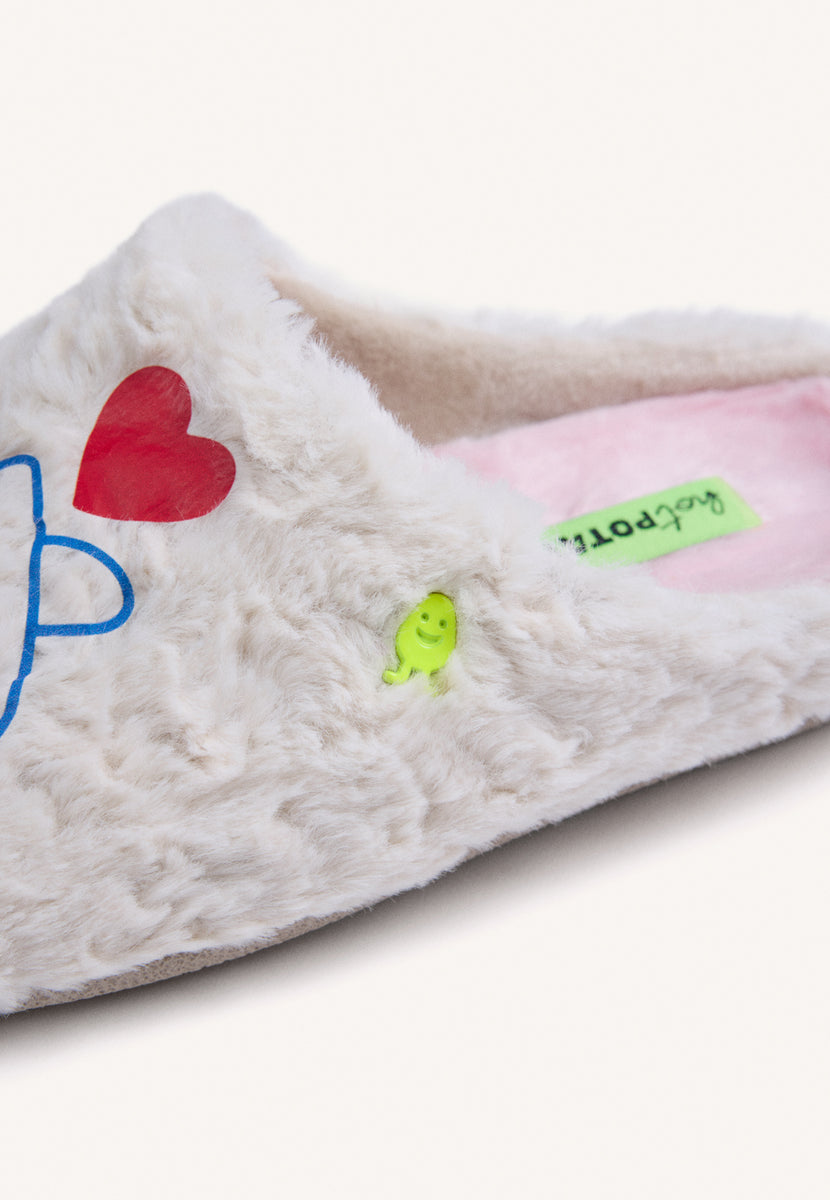 BEIGE FUR HOUSE SLIPPERS WITH DESIGN AND TEXT