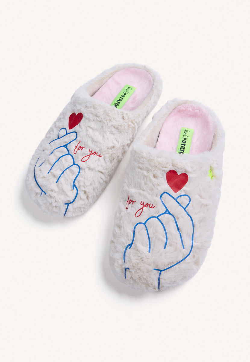 BEIGE FUR HOUSE SLIPPERS WITH DESIGN AND TEXT