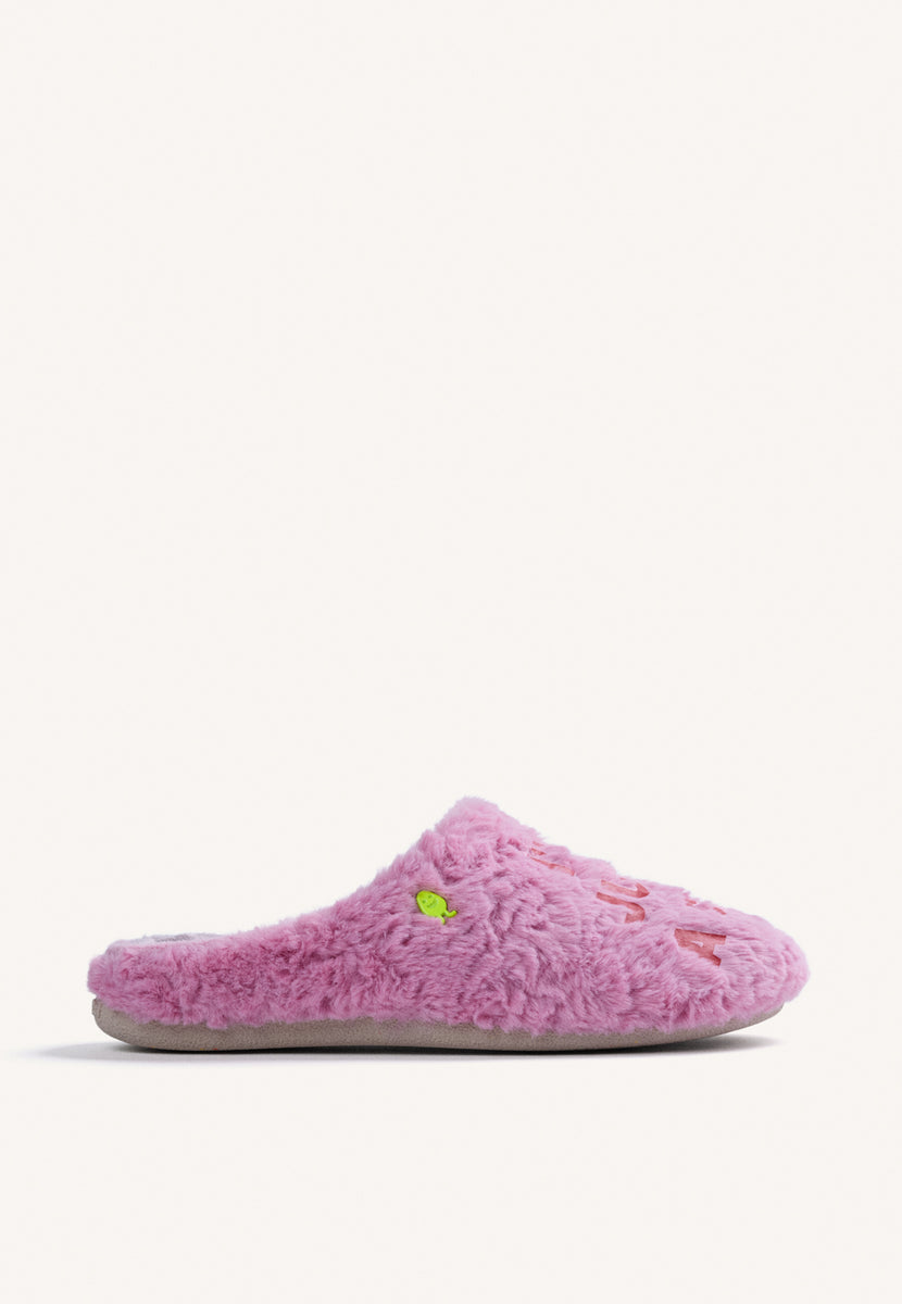 PINK FUZZY HOUSE SLIPPERS WITH TEXT