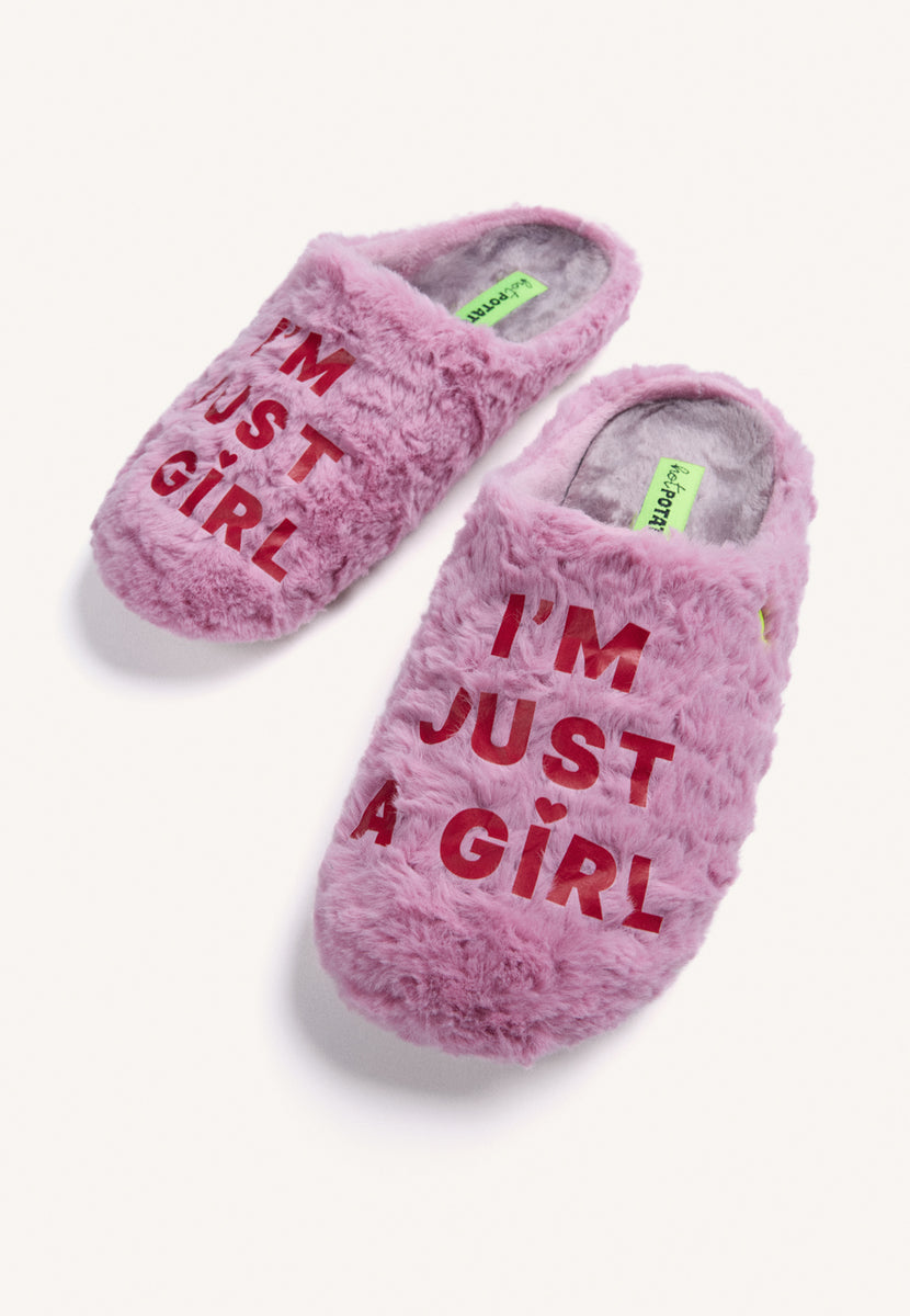 PINK FUZZY HOUSE SLIPPERS WITH TEXT