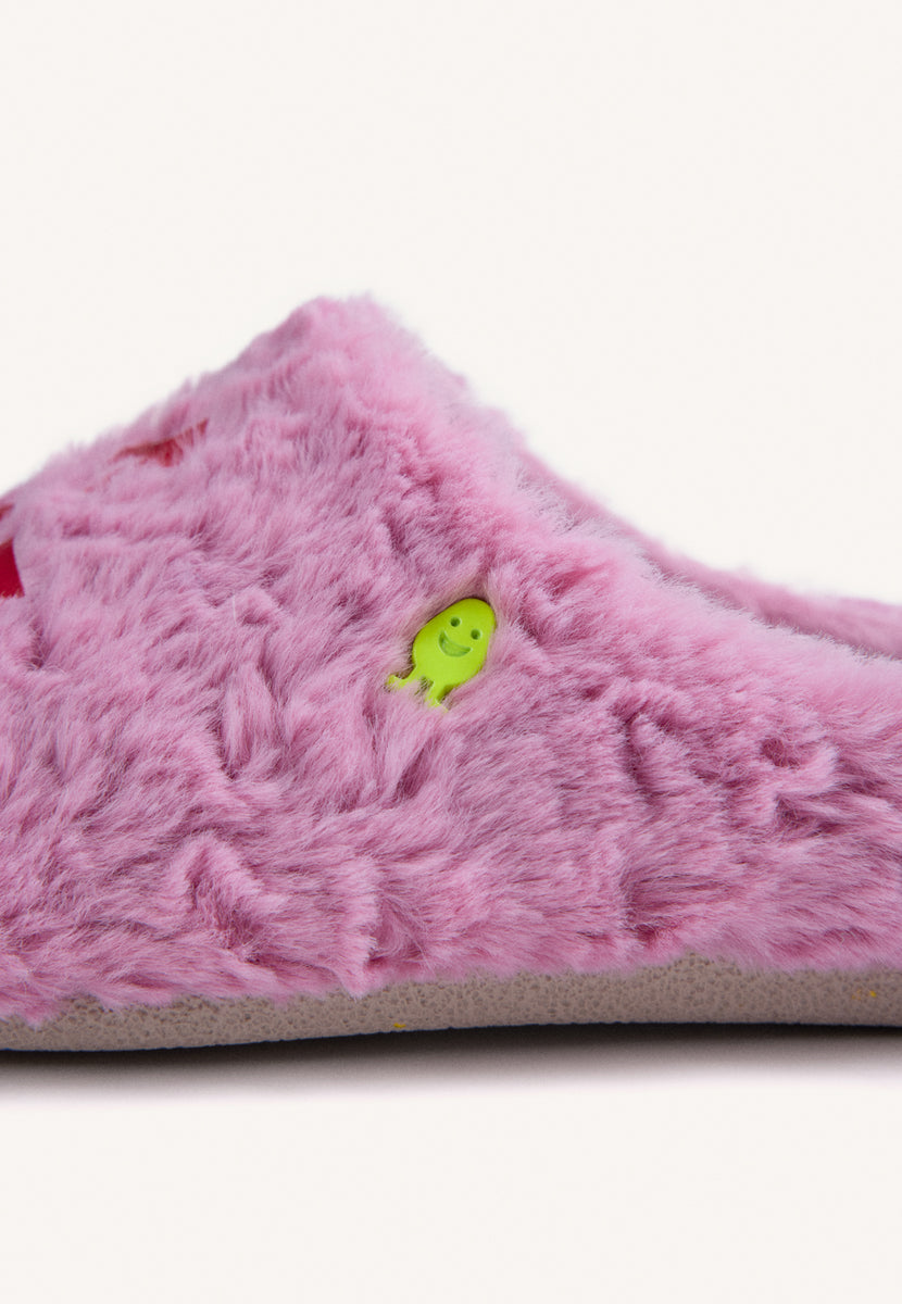 PINK FUZZY HOUSE SLIPPERS WITH TEXT