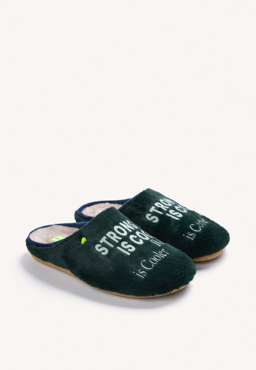 GREEN FUZZY HOUSE SLIPPERS WITH TEXT