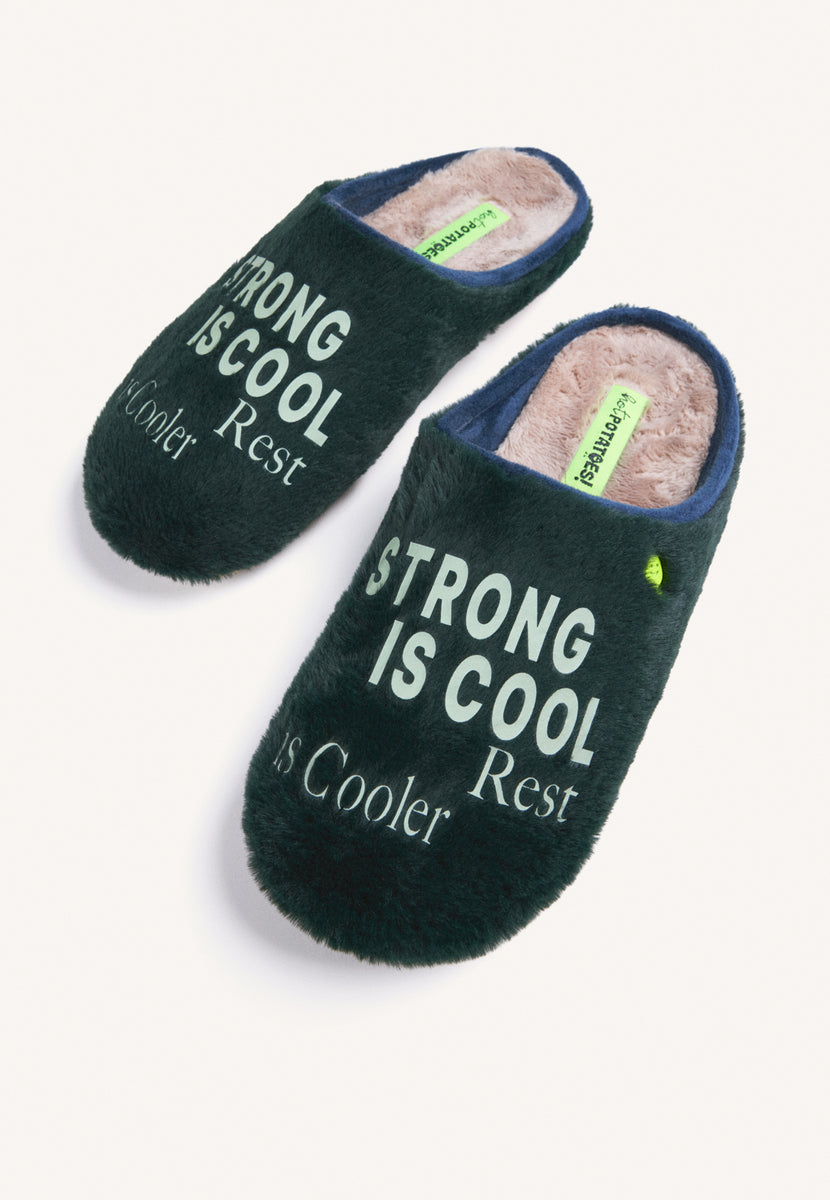 GREEN FUZZY HOUSE SLIPPERS WITH TEXT