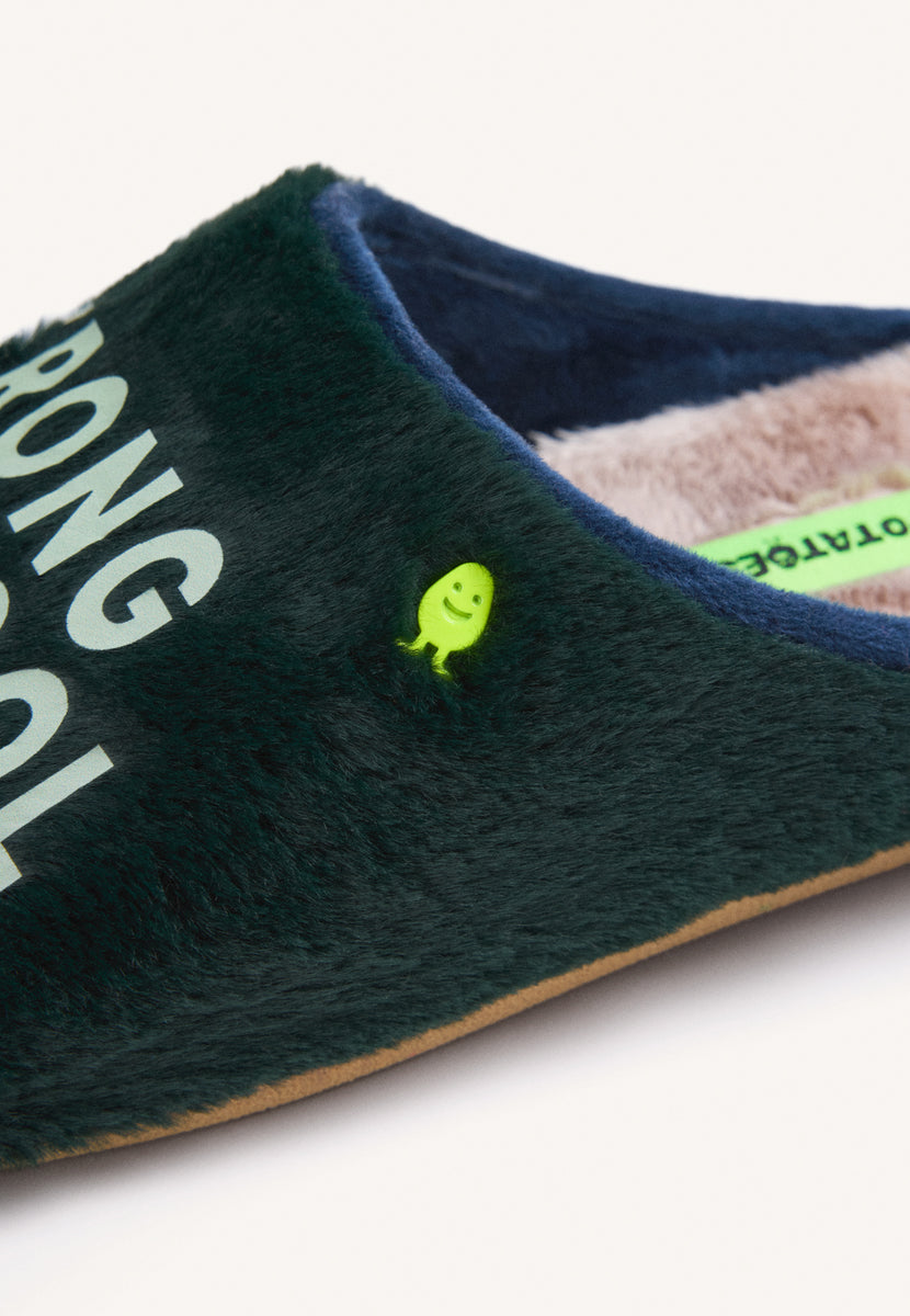 GREEN FUZZY HOUSE SLIPPERS WITH TEXT