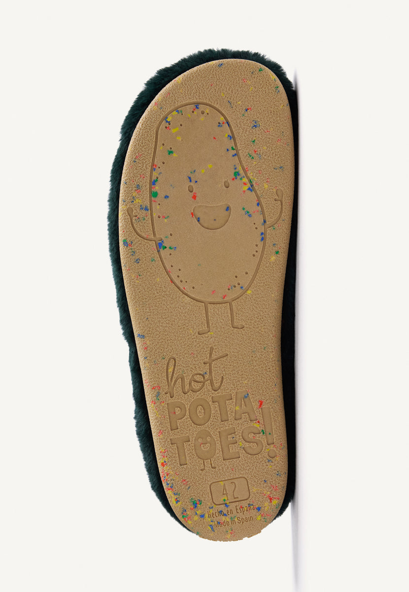 GREEN FUZZY HOUSE SLIPPERS WITH TEXT