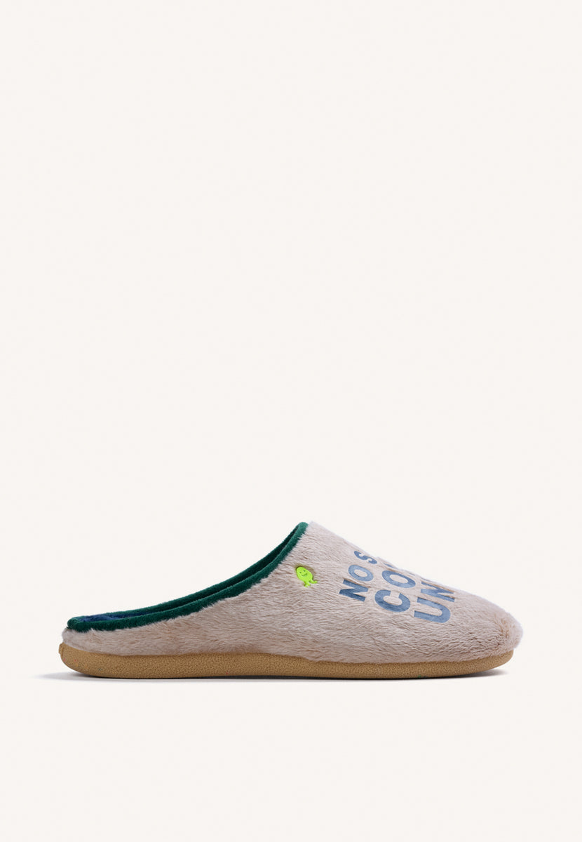 BEIGE FUR HOUSE SLIPPERS WITH DESIGN AND TEXT