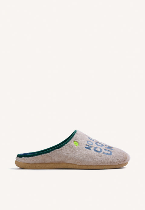 BEIGE FUR HOUSE SLIPPERS WITH DESIGN AND TEXT