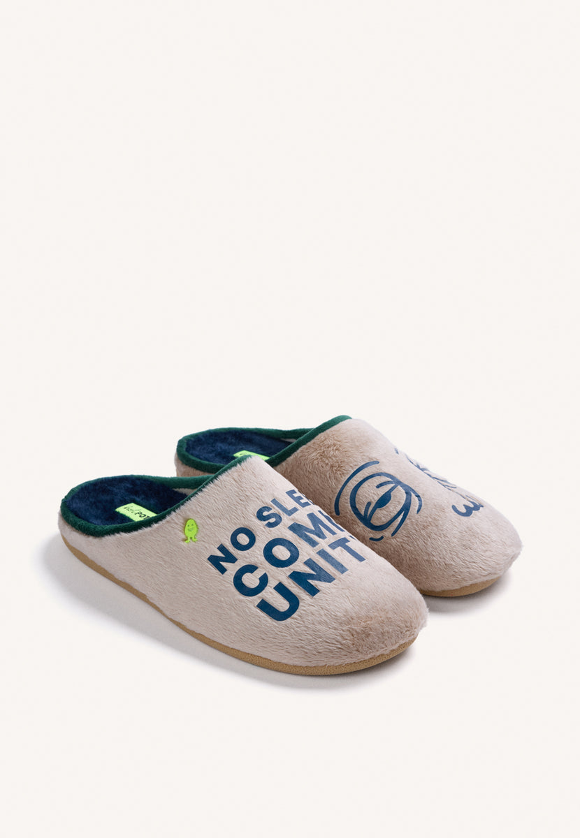 BEIGE FUR HOUSE SLIPPERS WITH DESIGN AND TEXT