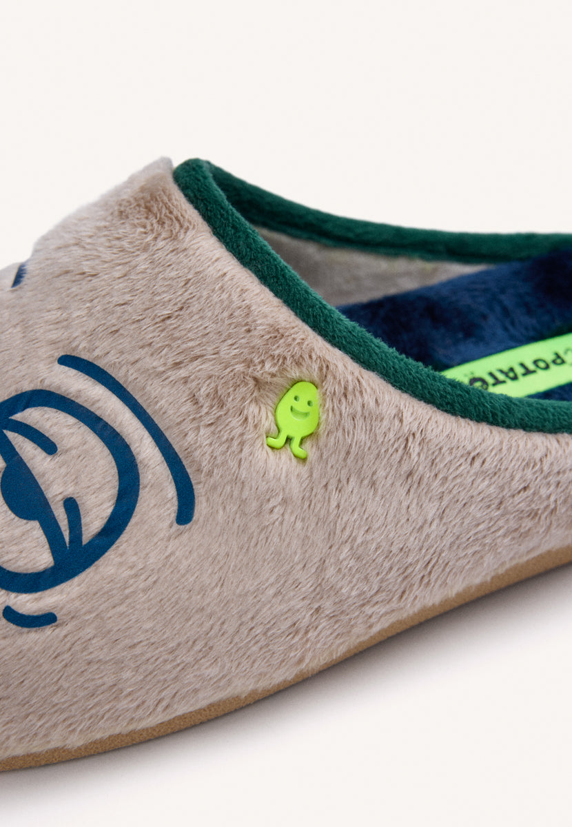 BEIGE FUR HOUSE SLIPPERS WITH DESIGN AND TEXT