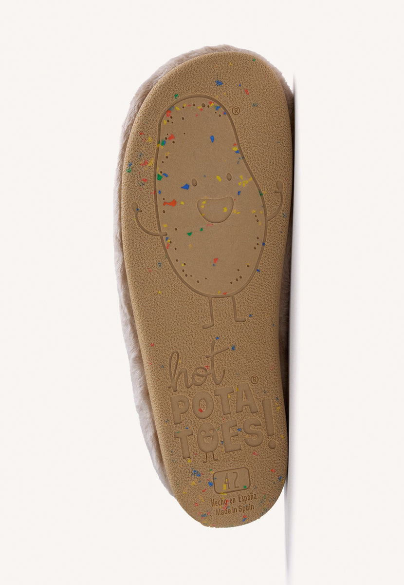 BEIGE FUR HOUSE SLIPPERS WITH DESIGN AND TEXT