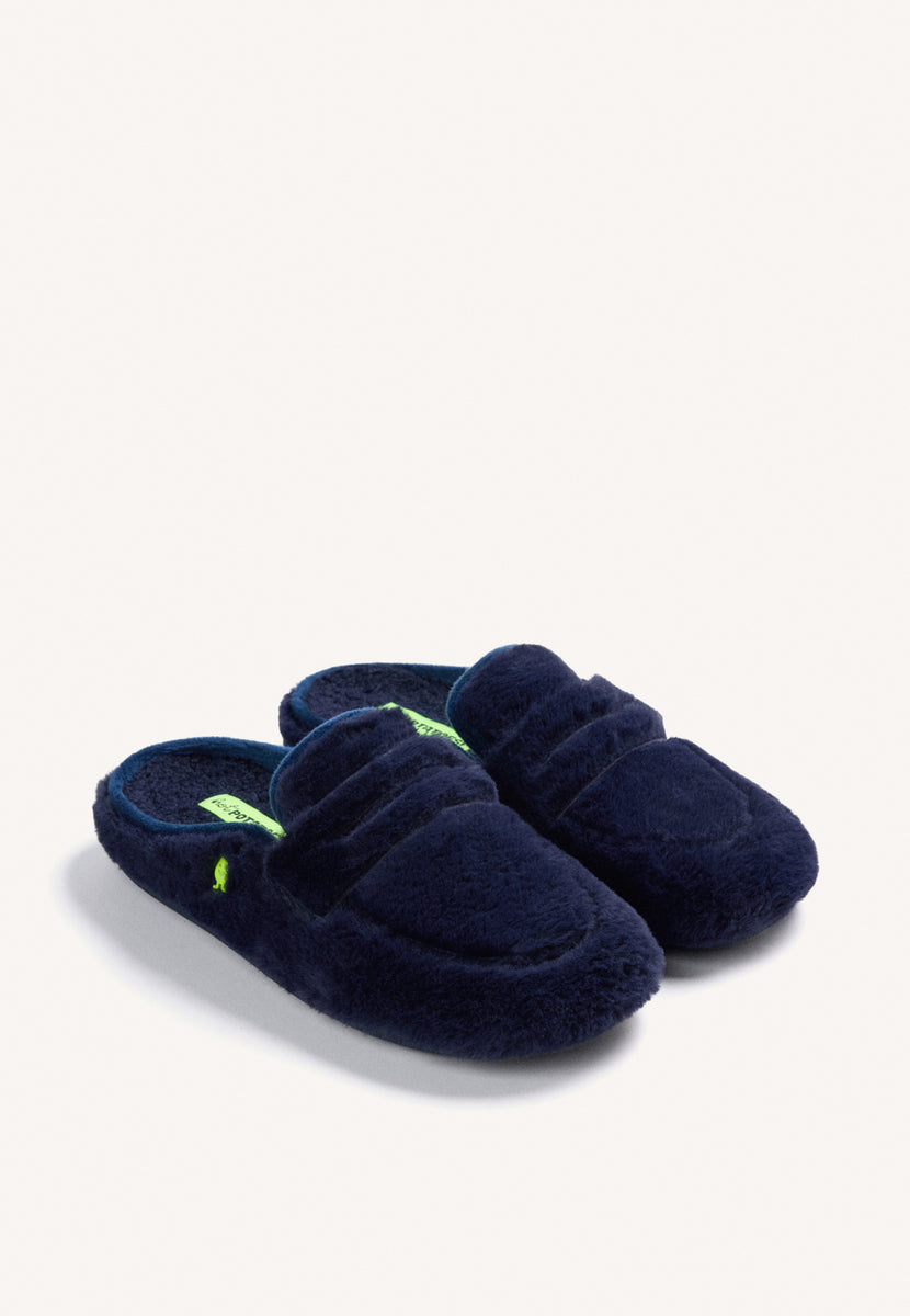 NAVY BLUE HOUSE SLIPPERS MOCCASIN STYLE WITH FUR
