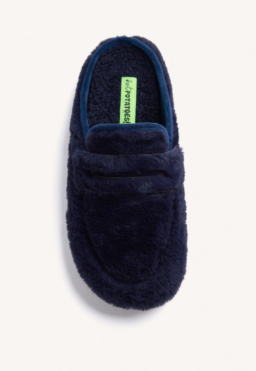 NAVY BLUE HOUSE SLIPPERS MOCCASIN STYLE WITH FUR