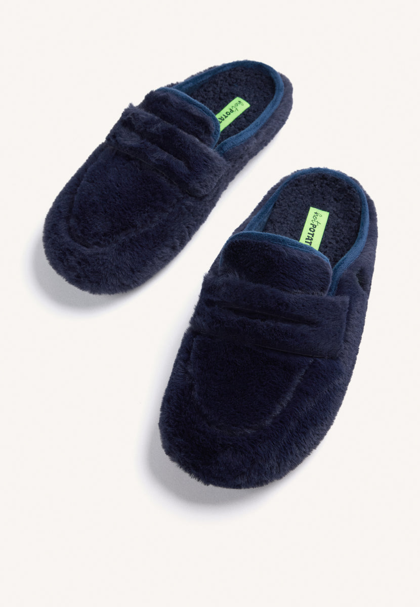 NAVY BLUE HOUSE SLIPPERS MOCCASIN STYLE WITH FUR
