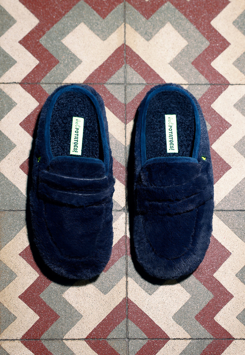 ZAPATILLAS DE CASA AZULES TIPO MOCASINES PELO