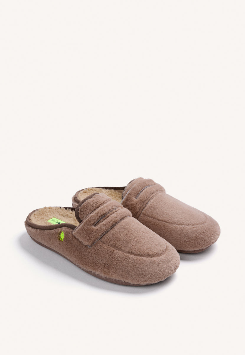 TAUPE HOUSE SLIPPERS MOCASSIN STYLE FUR