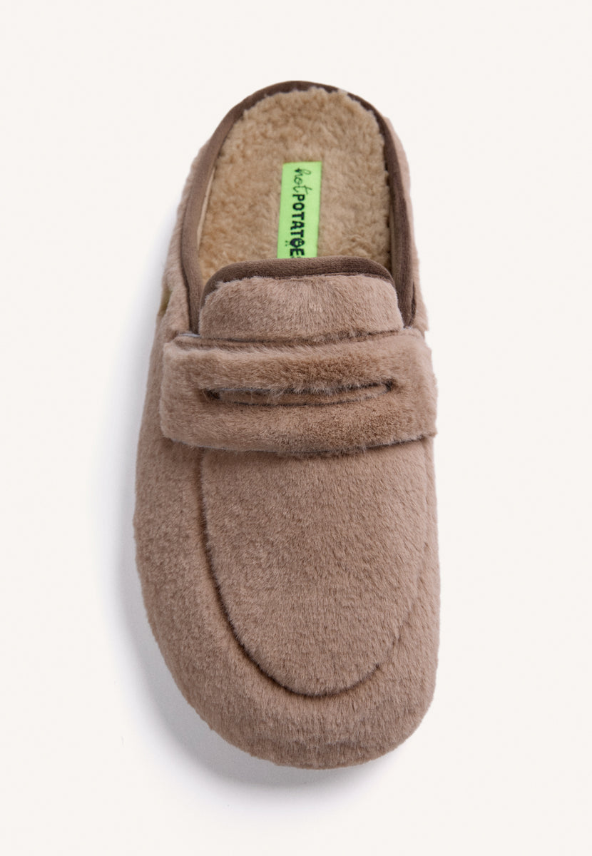 TAUPE HOUSE SLIPPERS MOCASSIN STYLE FUR