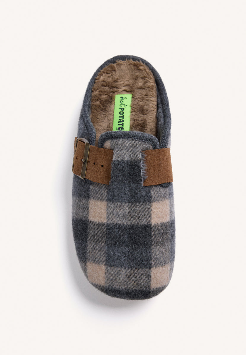 GREY CHECKERED CLOG-STYLE HOUSE SLIPPERS