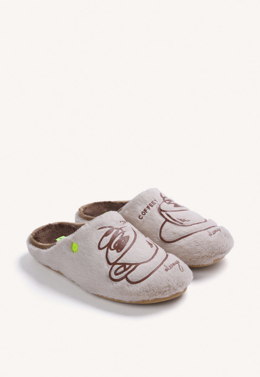 ZAPATILLAS DE CASA BEIGE PELO DIBUJO Y TEXTO